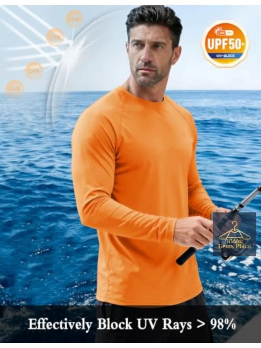 Men's UPF 50+ Long Sleeve Rash Guard Swim Top Quick Dry SPF Fishing Shirt